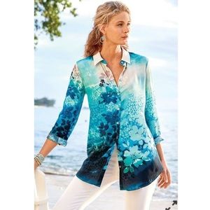 Soft Surroundings 100% Silk Jolene Blue Floral Blouse